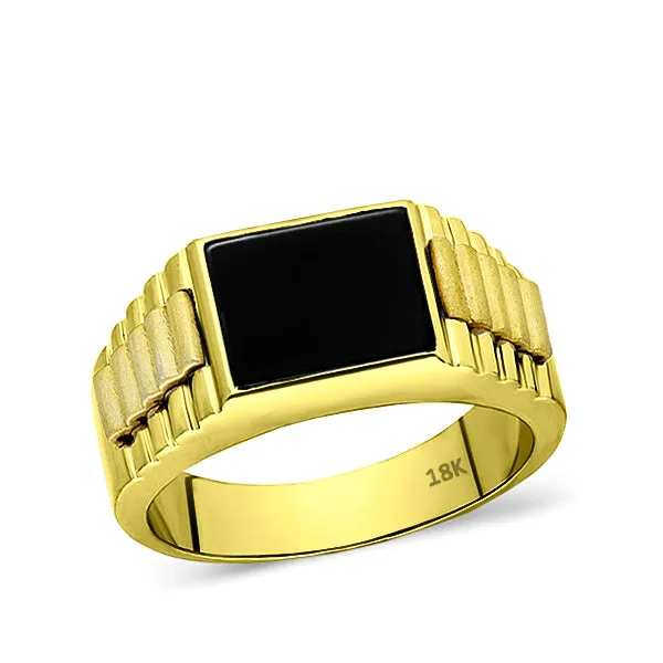 18k Gold Ring For Men with Natural Rectangle Black Onyx Stone