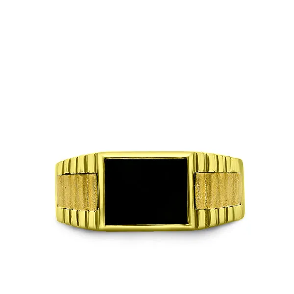 18k Gold Ring For Men with Natural Rectangle Black Onyx Stone