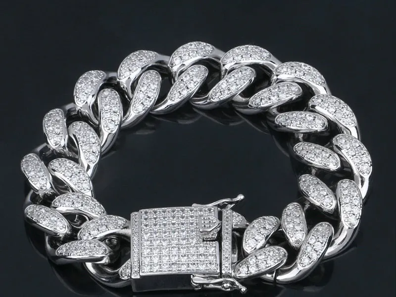 20mm Wide AAA Cubic Zirconia Cuban Chain Bracelets- Curb Rhinestones Hip Hop Bracelet