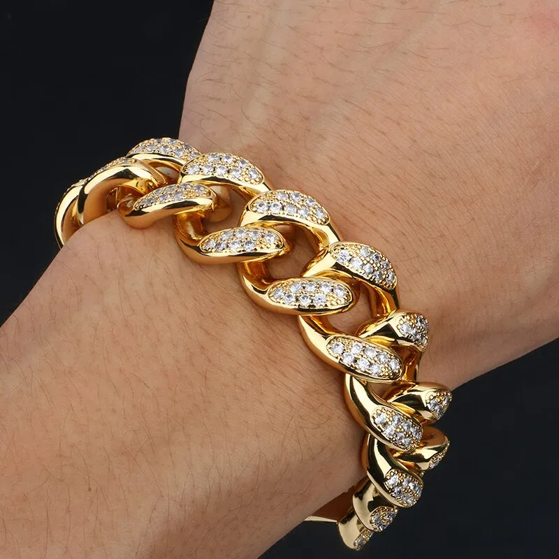 20mm Wide AAA Cubic Zirconia Cuban Chain Bracelets- Curb Rhinestones Hip Hop Bracelet