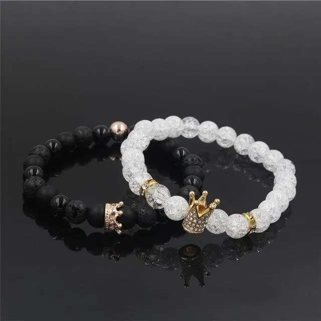 2Pc Set Stone Beads Micro Pave CZ Crown Charms Couple Bracelets for Women