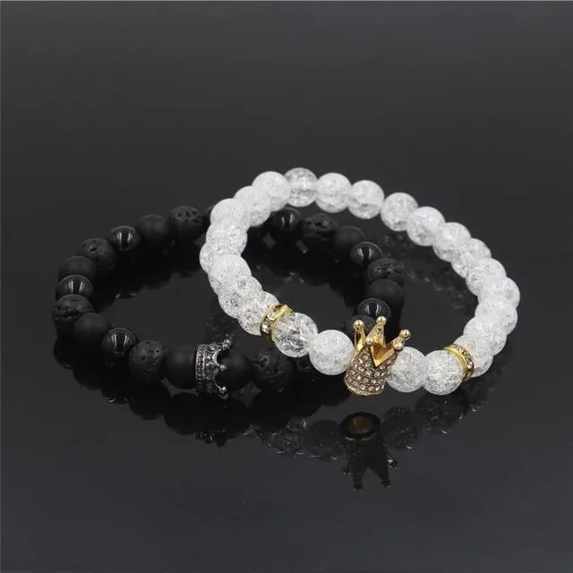 2Pc Set Stone Beads Micro Pave CZ Crown Charms Couple Bracelets for Women