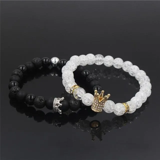 2Pc Set Stone Beads Micro Pave CZ Crown Charms Couple Bracelets for Women