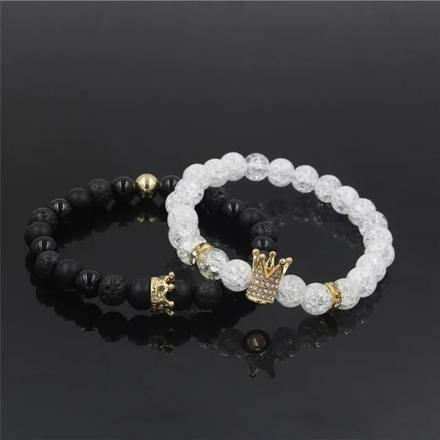 2Pc Set Stone Beads Micro Pave CZ Crown Charms Couple Bracelets for Women