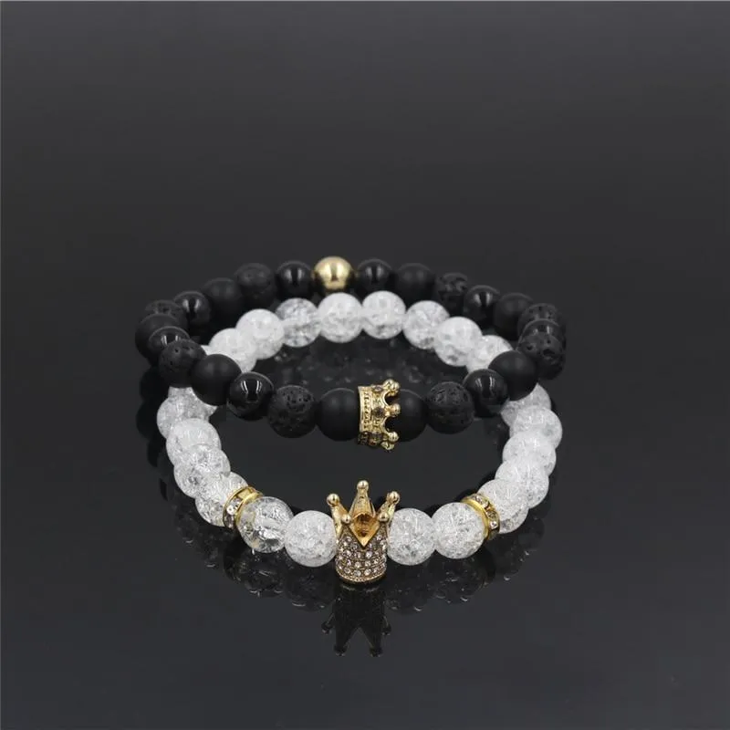 2Pc Set Stone Beads Micro Pave CZ Crown Charms Couple Bracelets for Women