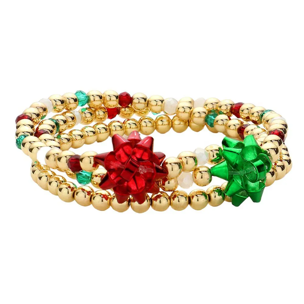 3PCS Christmas Bow Accented Metal Ball Stretch Bracelets