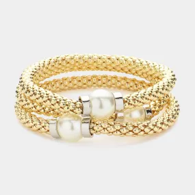 3PCS - Gold Pearl Mesh Metal Stretch Multi Layered Bracelets