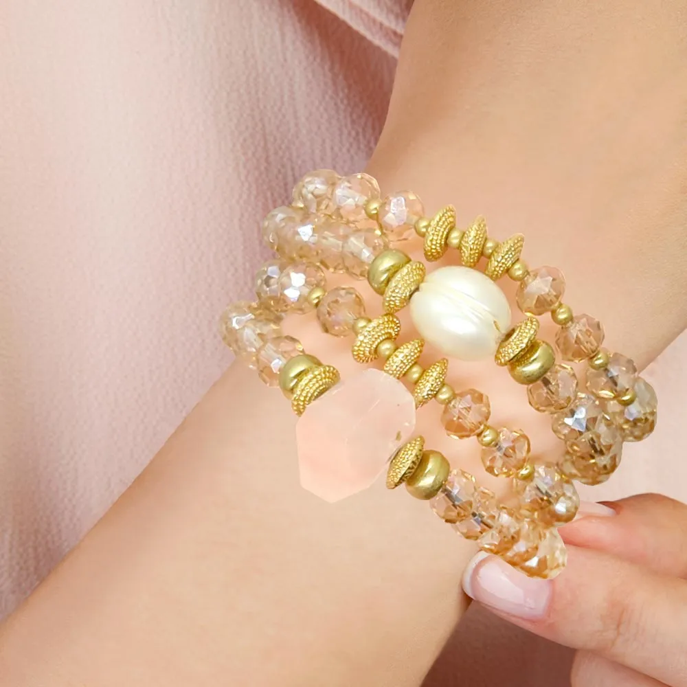 4PCS - Pearl Accented Faceted Beads Stretch Bracelets