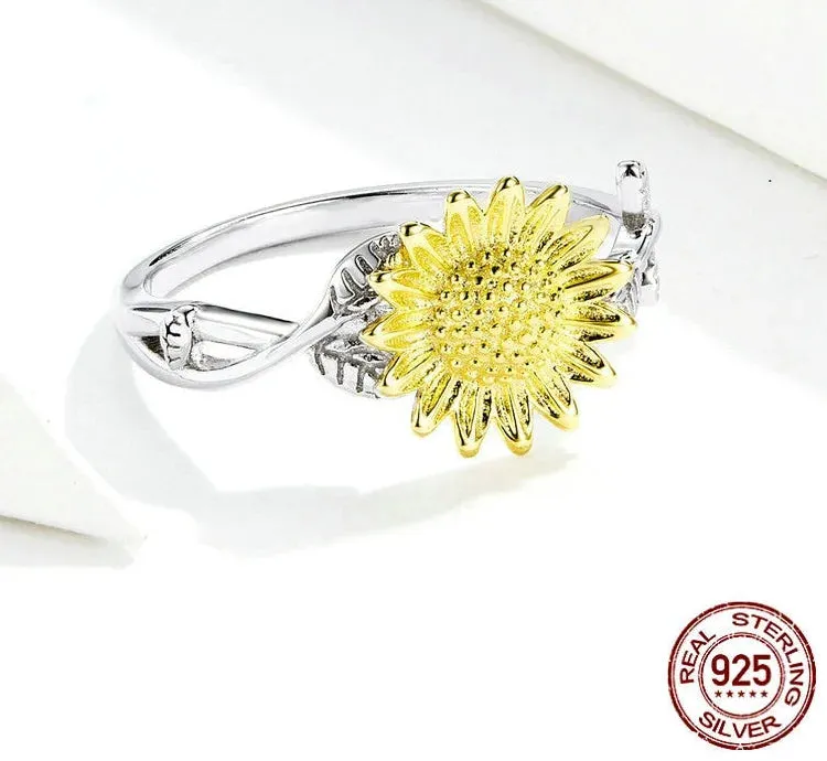 925 Sterling Silver Sunflower Pattern Zircon Finger Rings for Women