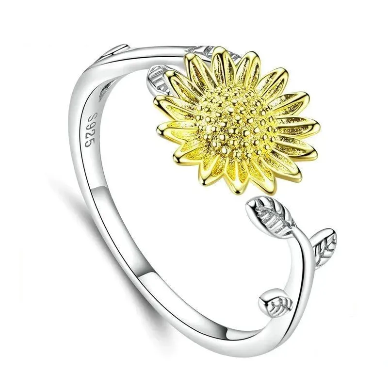 925 Sterling Silver Sunflower Pattern Zircon Finger Rings for Women