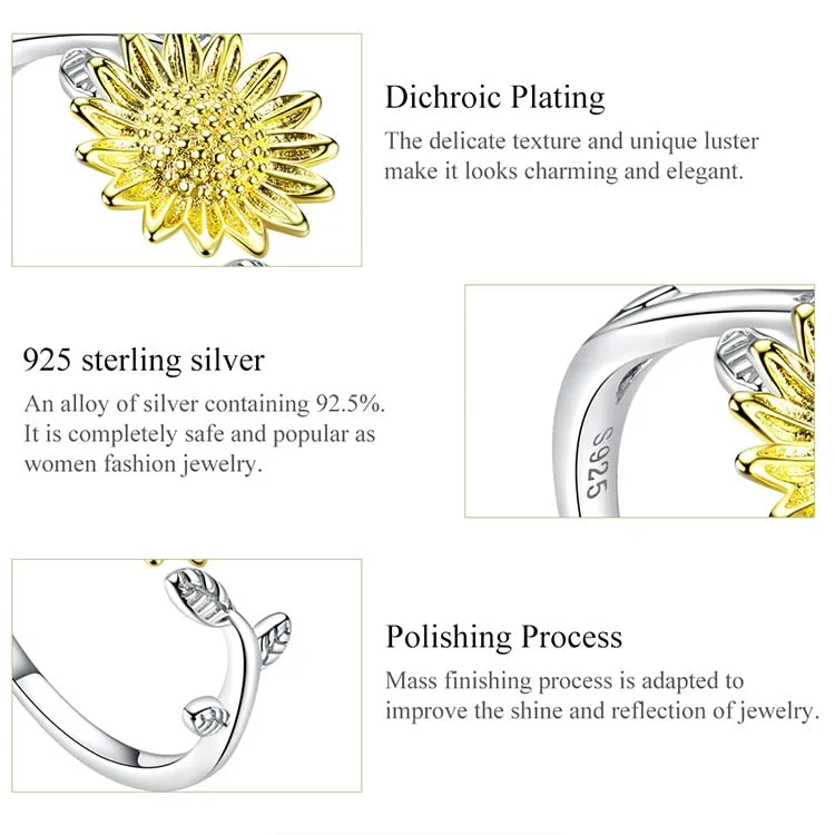 925 Sterling Silver Sunflower Pattern Zircon Finger Rings for Women