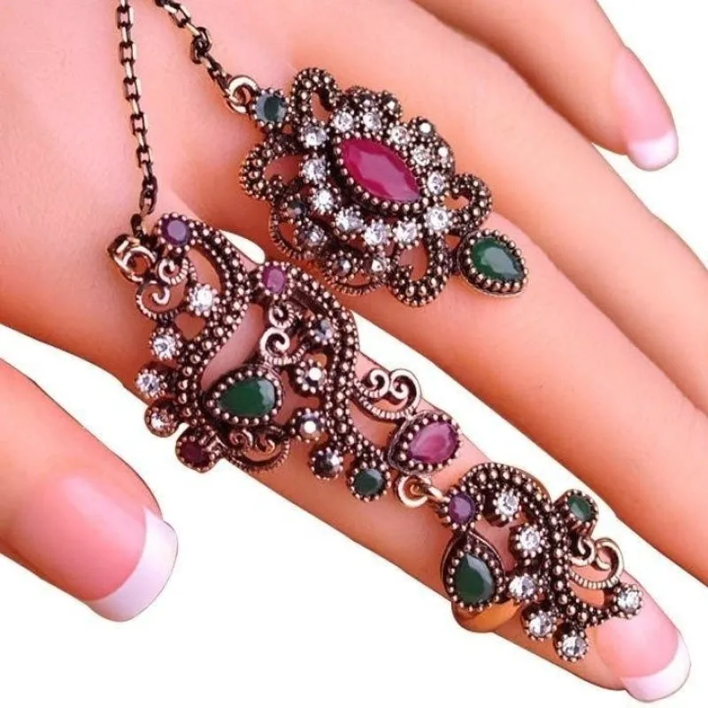 Adjustable Hollow Out Turkish Red Resin Women's Two Finger Rings for Party