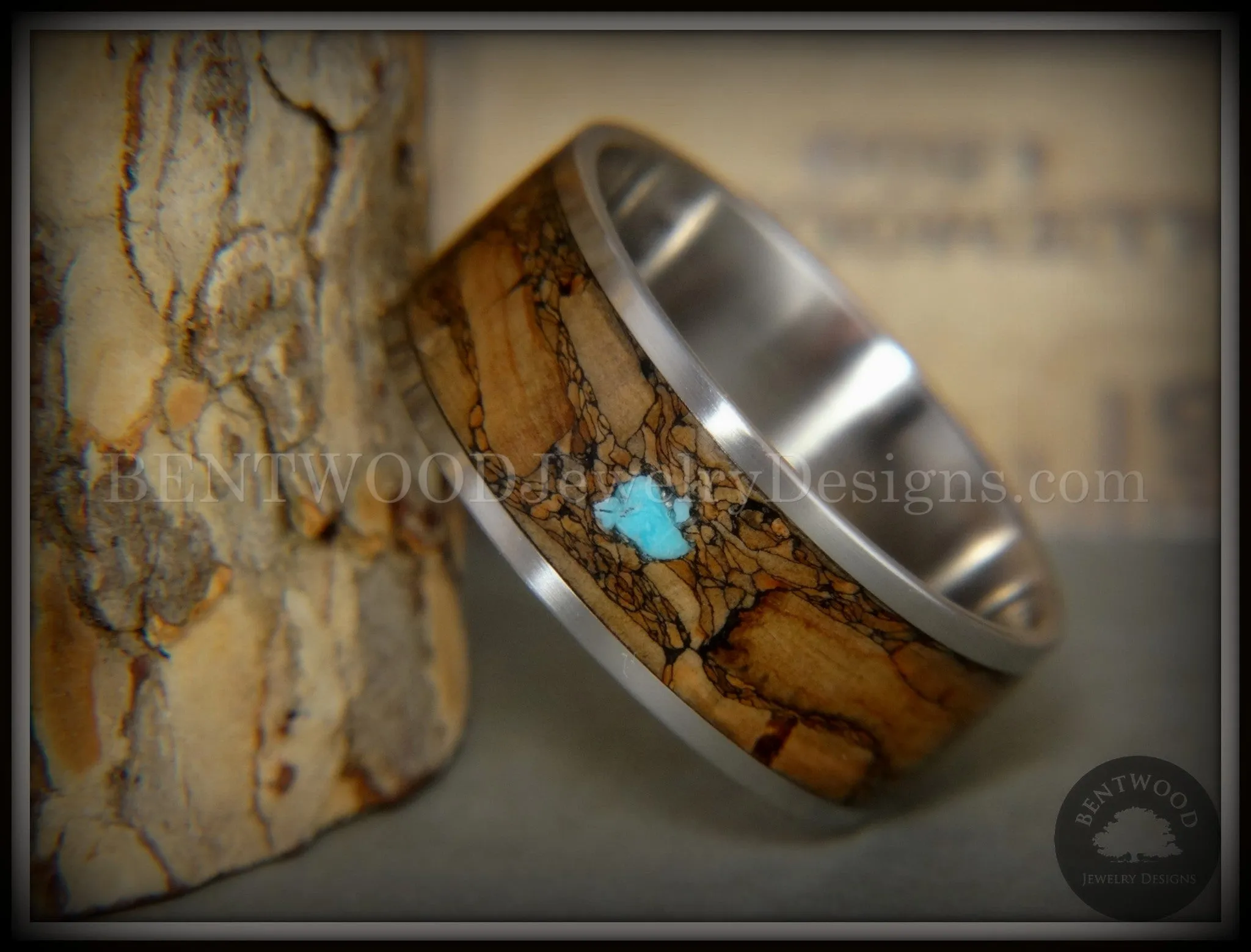 Bentwood Ring - Figured Brown Turquoise Rare Mediterranean Oak Burl Wood Ring on Surgical Grade Stainless Steel Comfort Fit Core