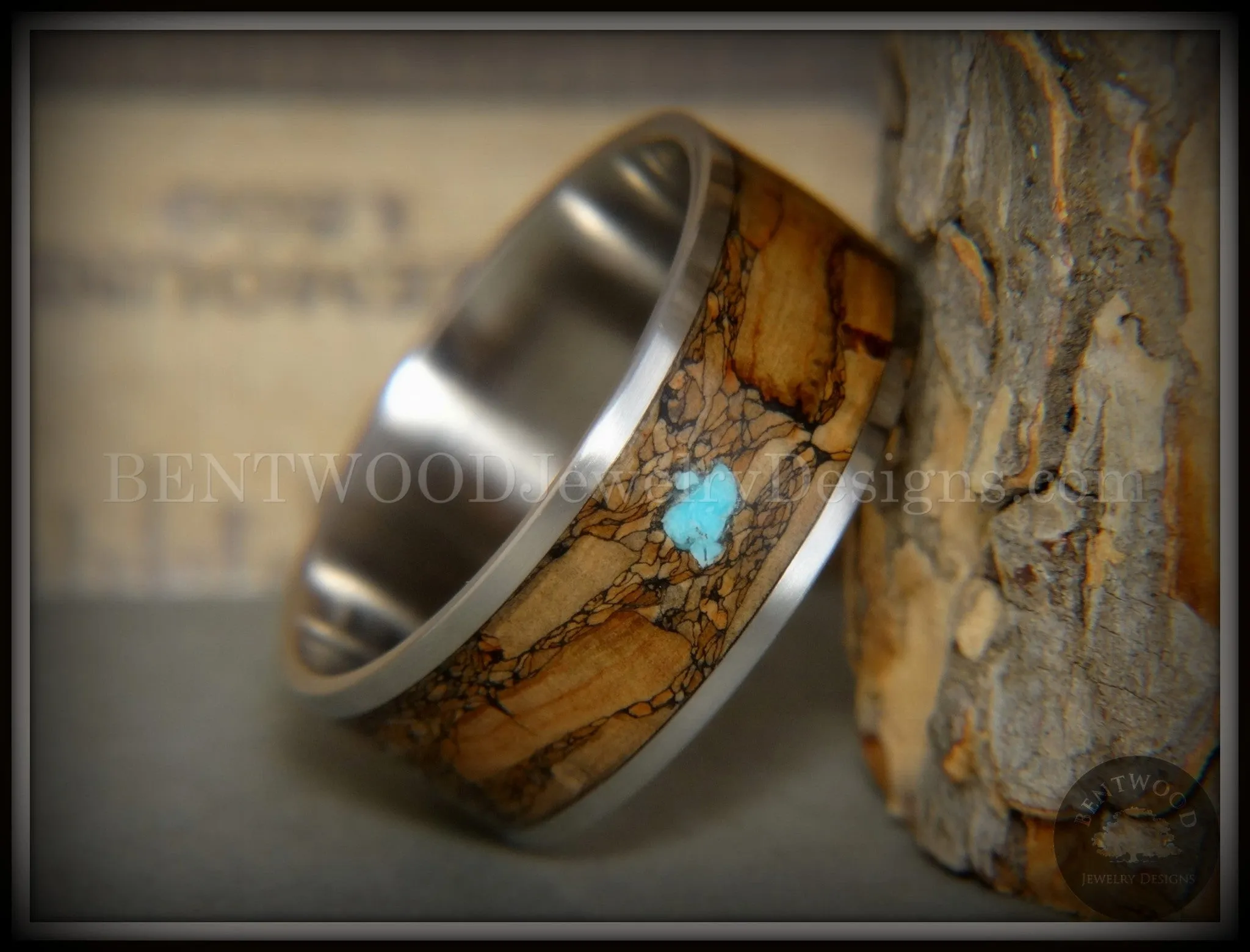 Bentwood Ring - Figured Brown Turquoise Rare Mediterranean Oak Burl Wood Ring on Surgical Grade Stainless Steel Comfort Fit Core