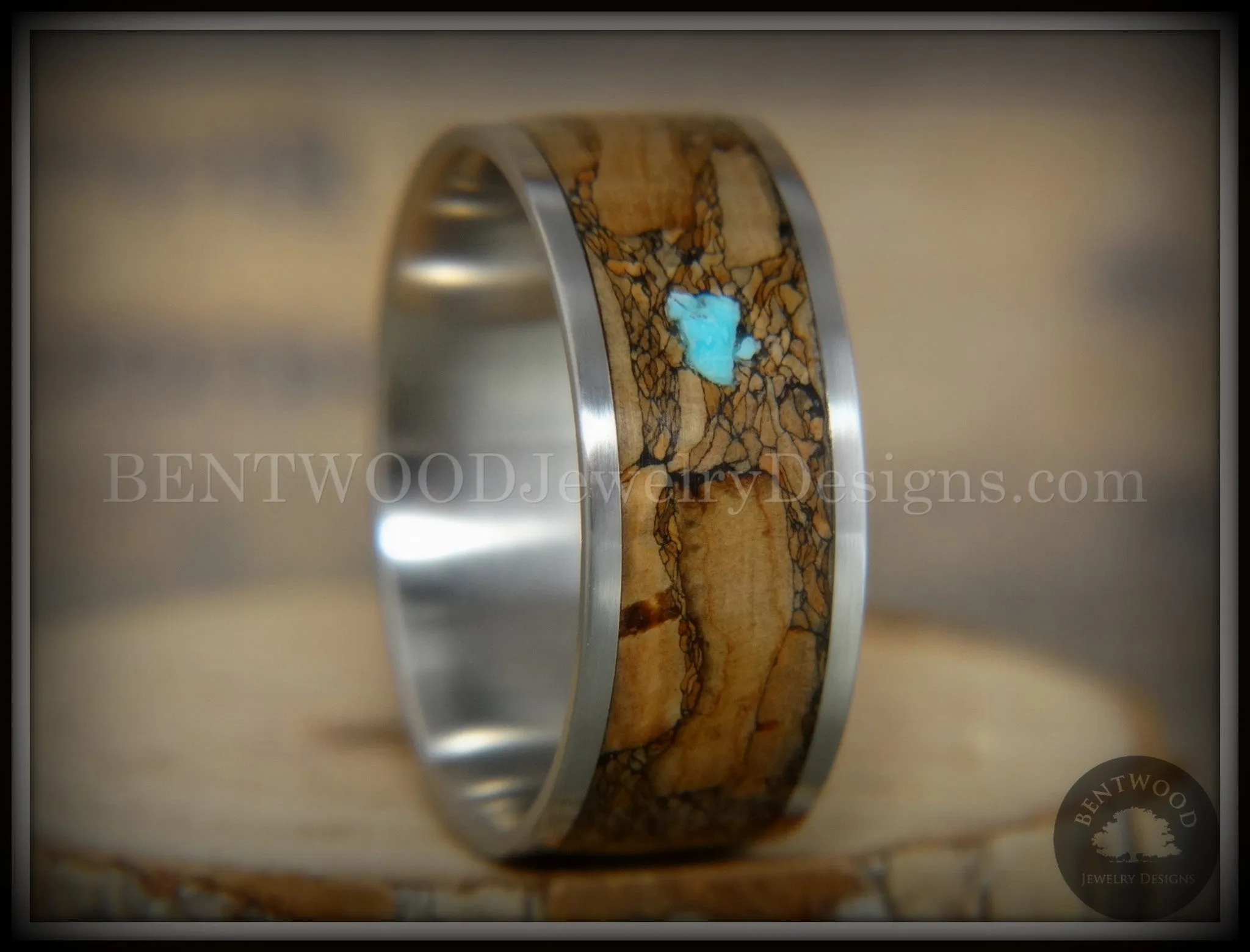 Bentwood Ring - Figured Brown Turquoise Rare Mediterranean Oak Burl Wood Ring on Surgical Grade Stainless Steel Comfort Fit Core