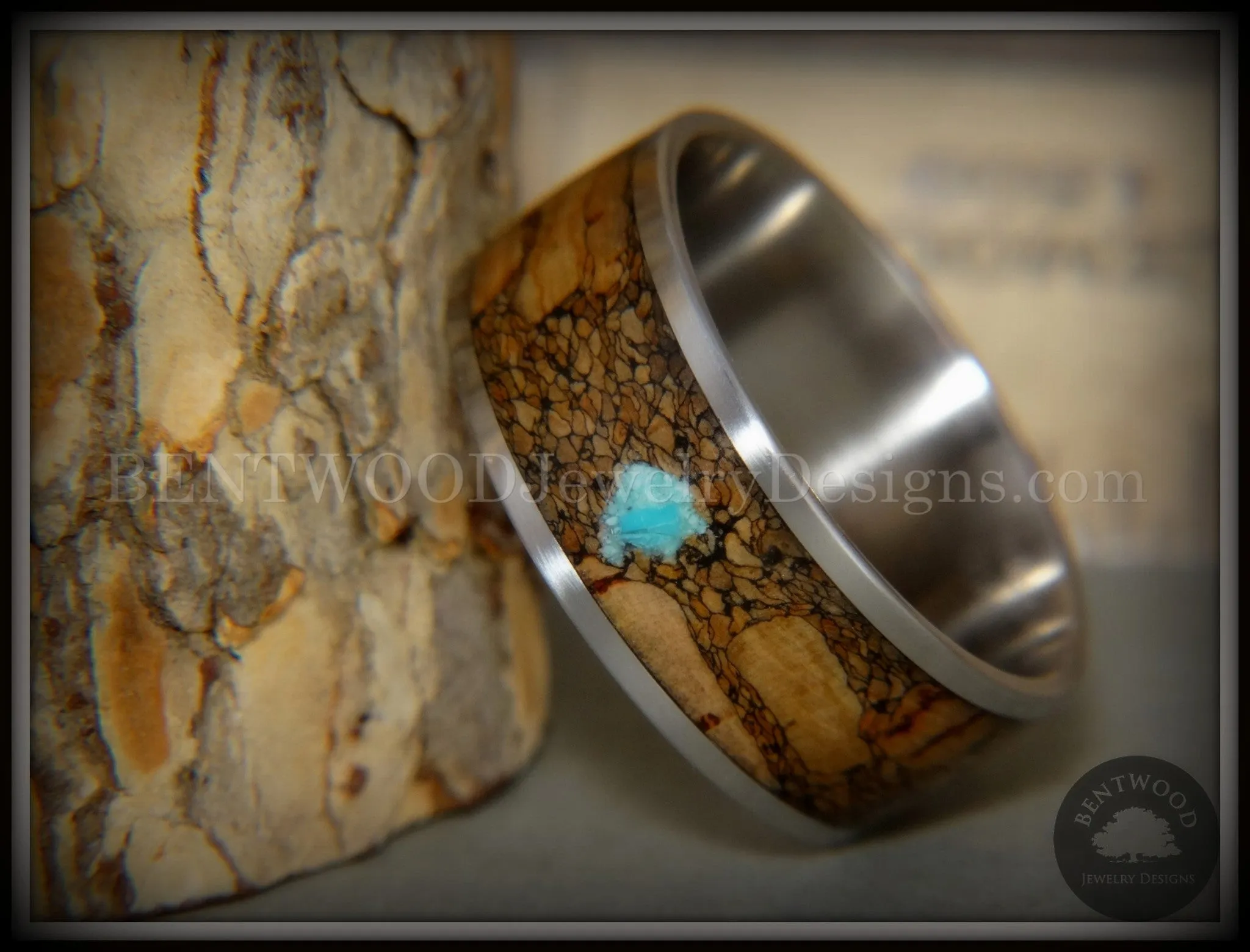 Bentwood Ring - Figured Brown Turquoise Rare Mediterranean Oak Burl Wood Ring on Surgical Grade Stainless Steel Comfort Fit Core