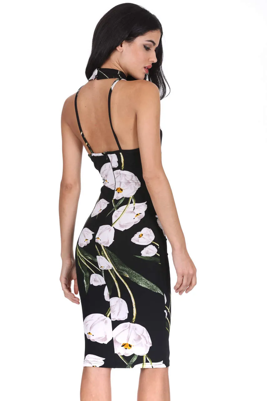 Black Choker Floral Midi Dress