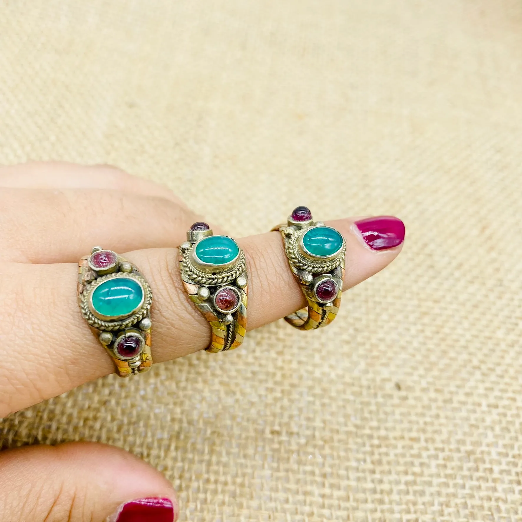 Handmade Bohemian Gemstone Ring, Adjustable Copper Ring with Rose Quartz, Jade, Garnet, Lapis Lazuli, Turquoise, and Onyx - Gift for Her