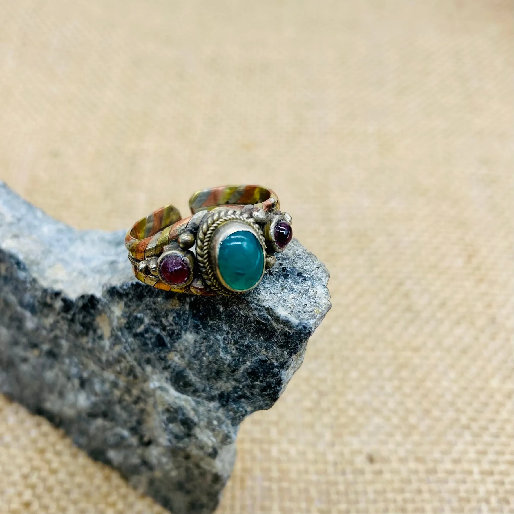 Handmade Bohemian Gemstone Ring, Adjustable Copper Ring with Rose Quartz, Jade, Garnet, Lapis Lazuli, Turquoise, and Onyx - Gift for Her