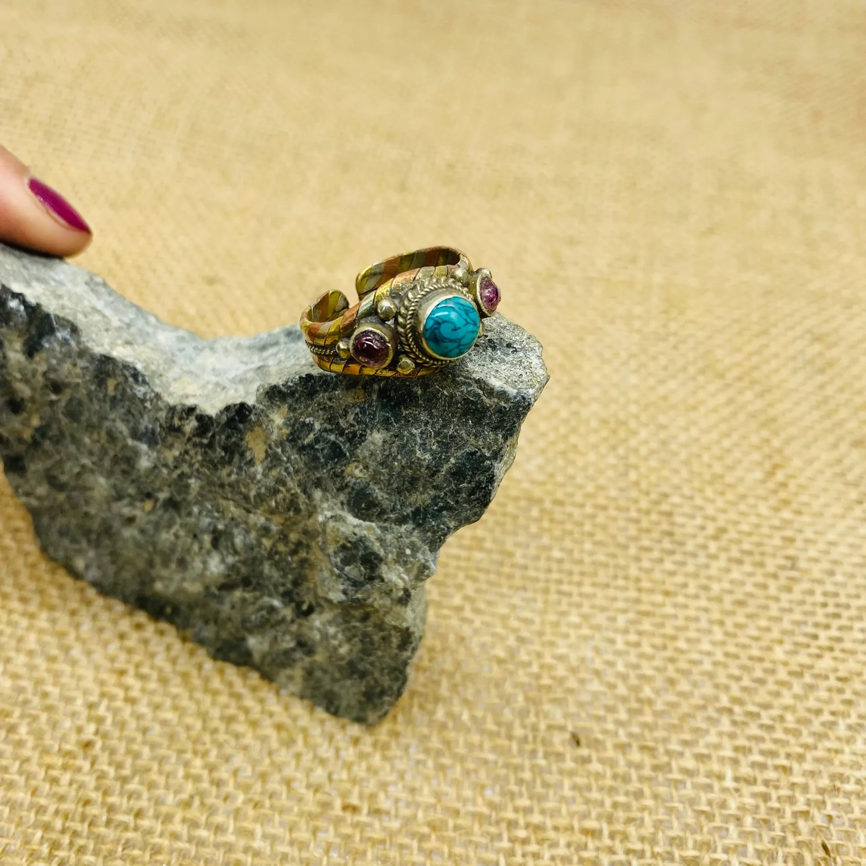 Handmade Bohemian Gemstone Ring, Adjustable Copper Ring with Rose Quartz, Jade, Garnet, Lapis Lazuli, Turquoise, and Onyx - Gift for Her