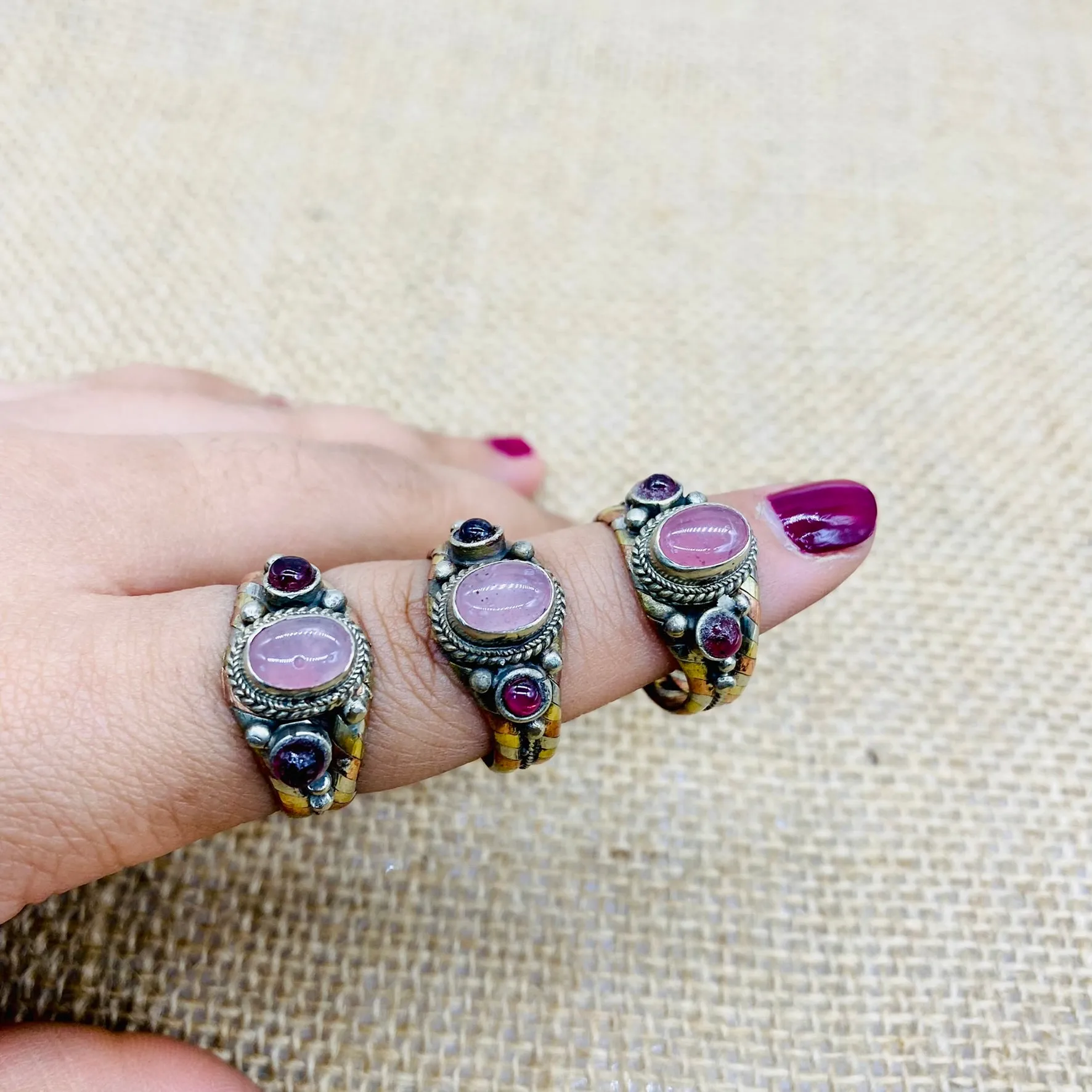 Handmade Bohemian Gemstone Ring, Adjustable Copper Ring with Rose Quartz, Jade, Garnet, Lapis Lazuli, Turquoise, and Onyx - Gift for Her