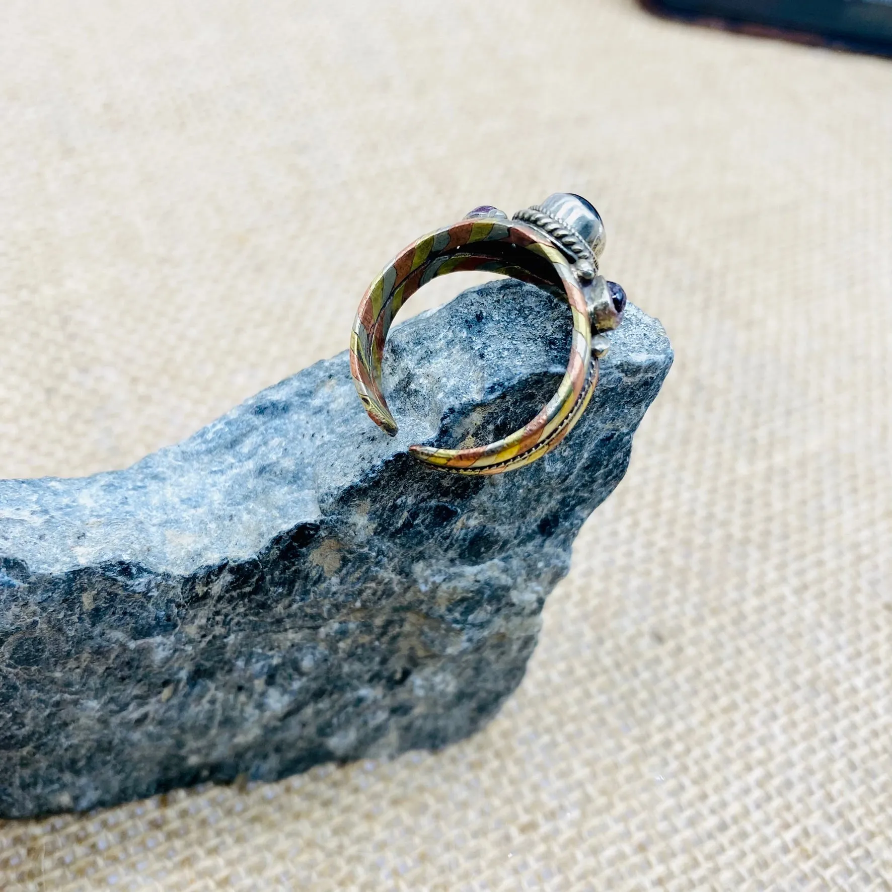 Handmade Bohemian Gemstone Ring, Adjustable Copper Ring with Rose Quartz, Jade, Garnet, Lapis Lazuli, Turquoise, and Onyx - Gift for Her