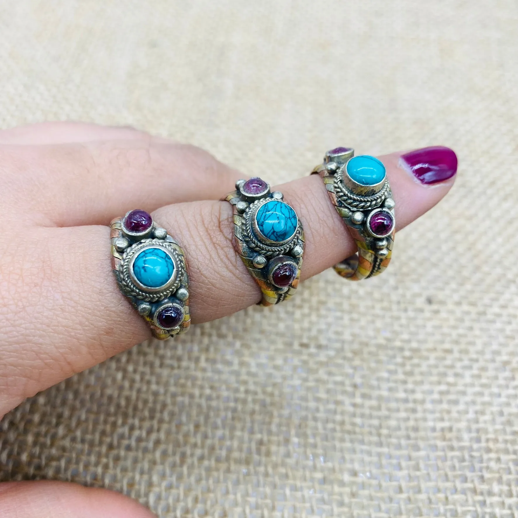 Handmade Bohemian Gemstone Ring, Adjustable Copper Ring with Rose Quartz, Jade, Garnet, Lapis Lazuli, Turquoise, and Onyx - Gift for Her