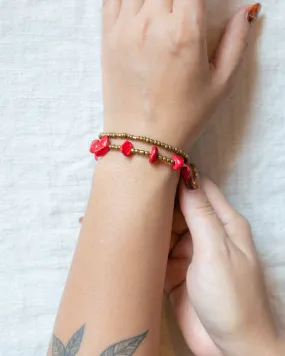 Brass Bead And Red Stone Double Strand Bracelets