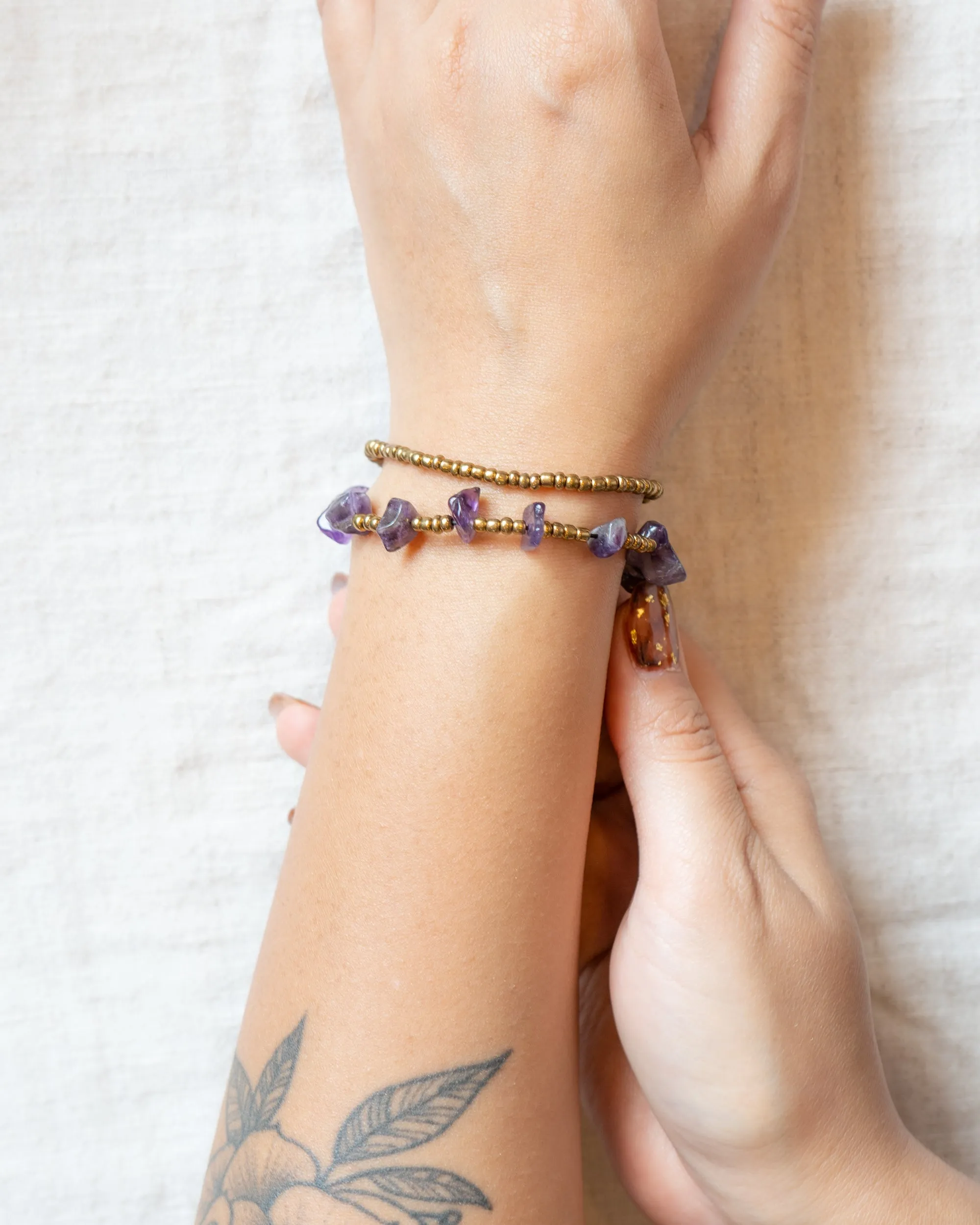 Brass Bead And Violet Stone Double Strand Bracelets