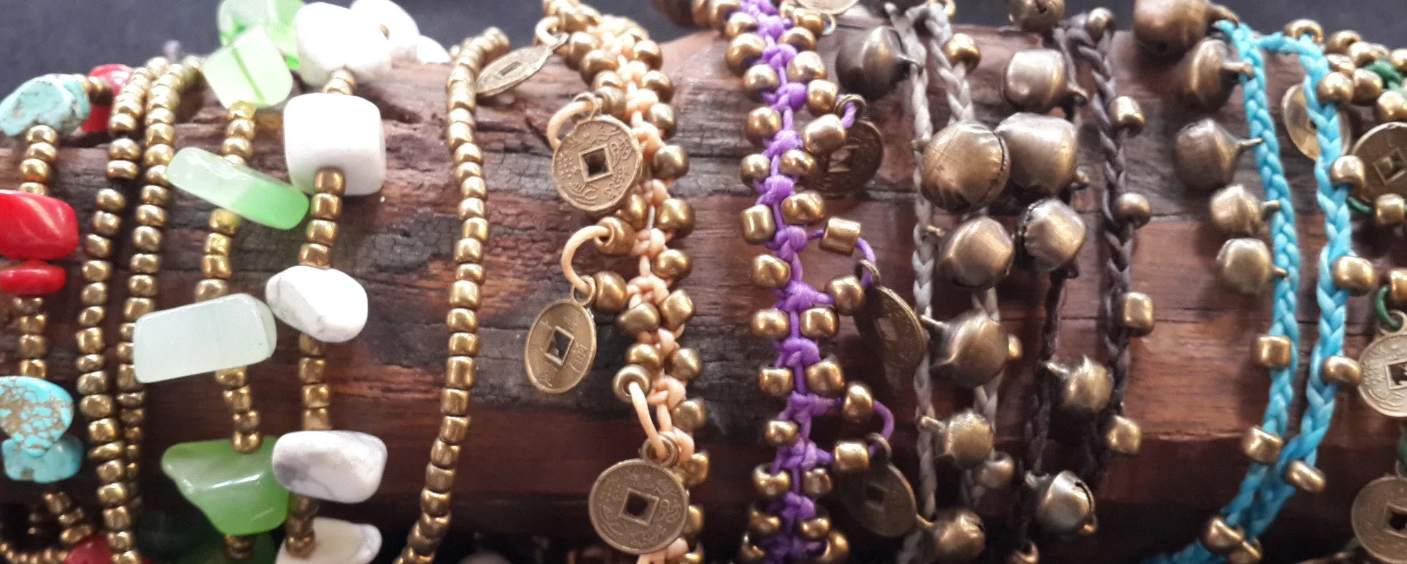 Brass Bead And Violet Stone Double Strand Bracelets