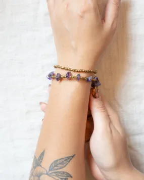 Brass Bead And Violet Stone Double Strand Bracelets