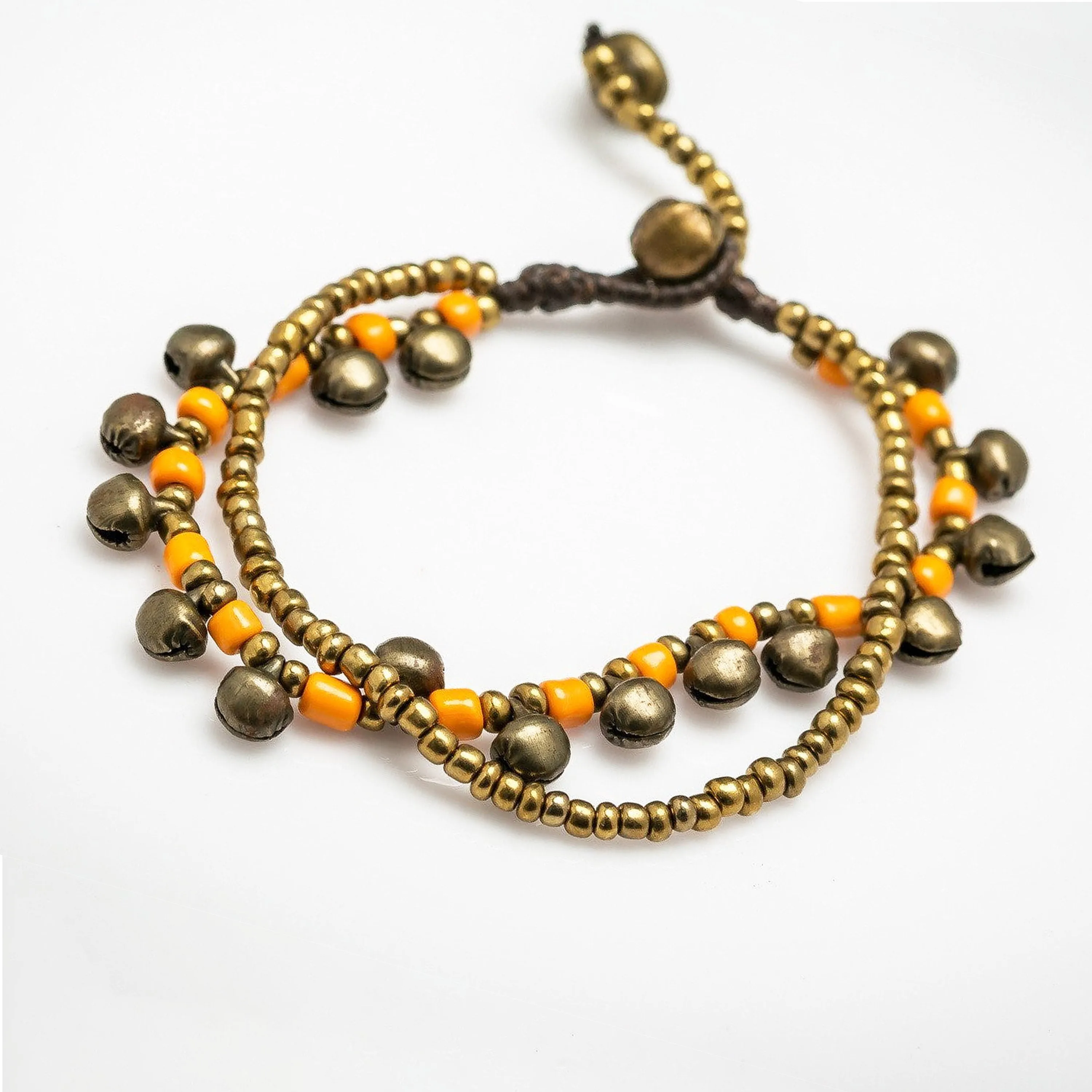 Brass Bell And Orange Bead Double Strand Bracelets