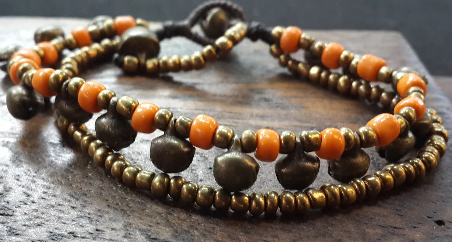 Brass Bell And Orange Bead Double Strand Bracelets