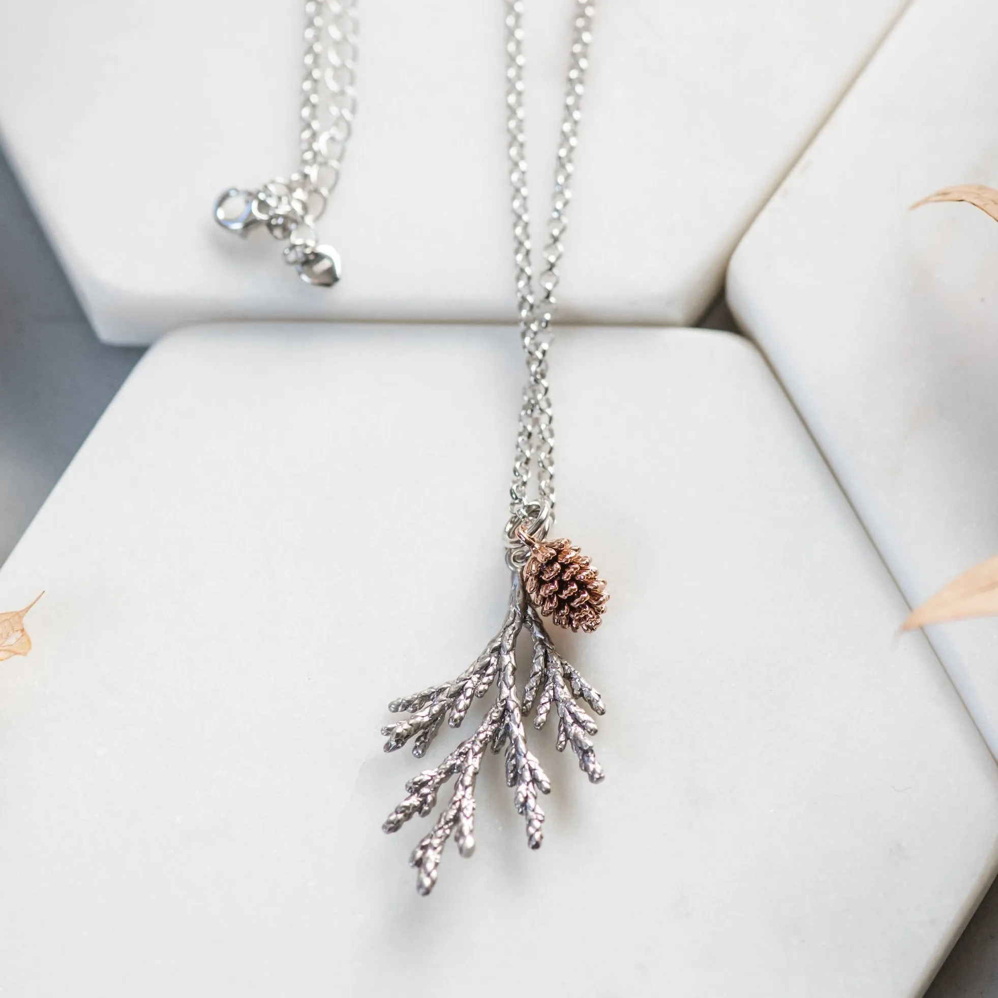 Cedar Sterling Silver Necklace & Sweet Rose Gold Pinecone ~ Woodland Jewelry