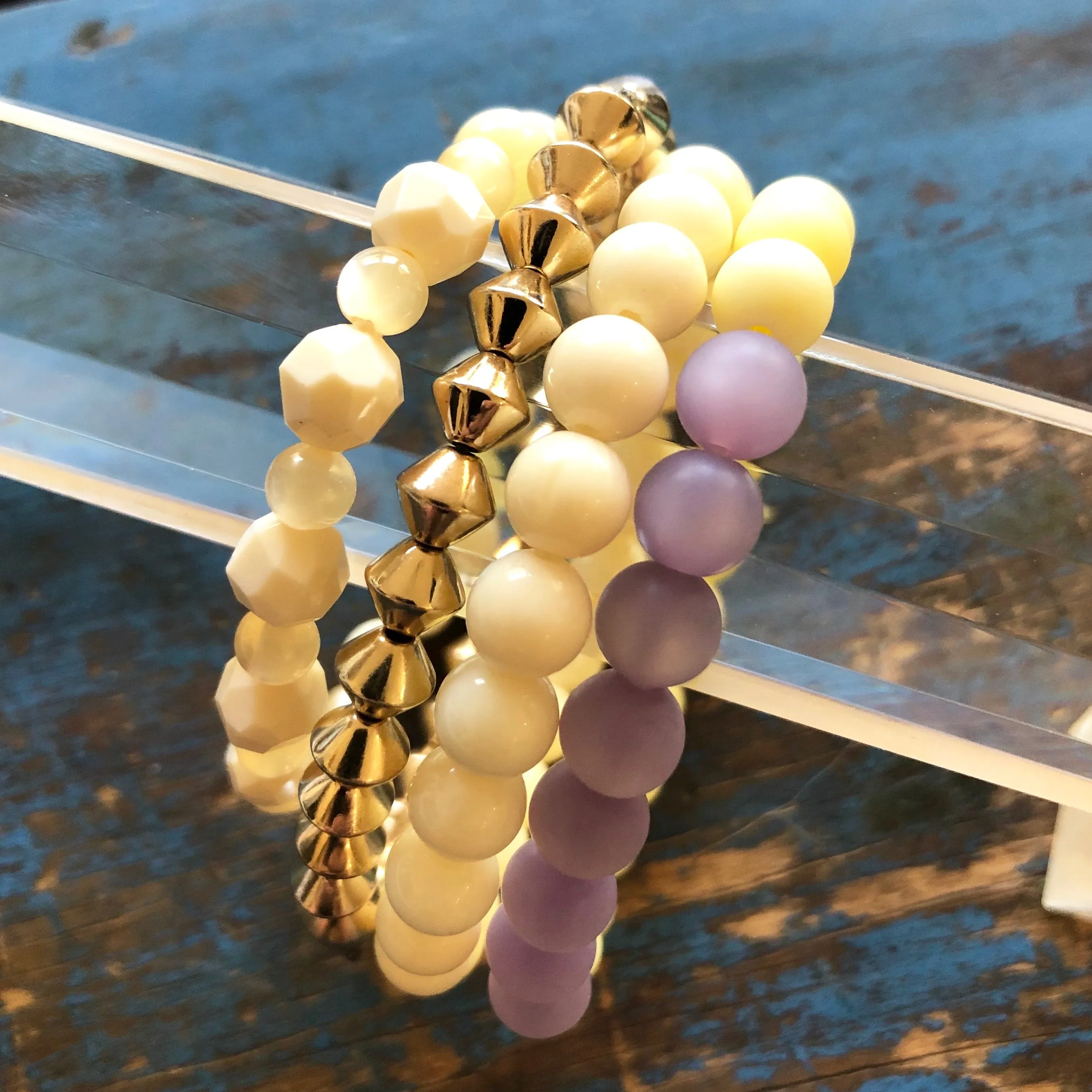 Cream & Lilac and Golds Stack & Stretch Bracelets Set *