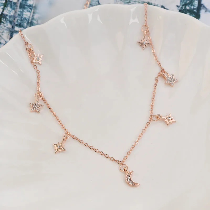 Dainty Rhinestone Multi Stars Crescent Moon Gold Choker