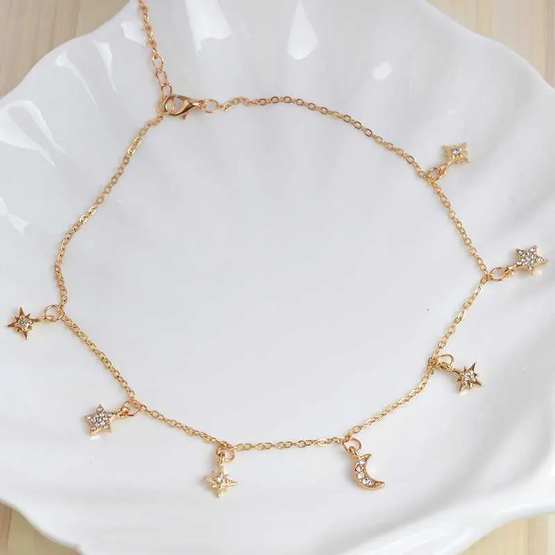 Dainty Rhinestone Multi Stars Crescent Moon Gold Choker