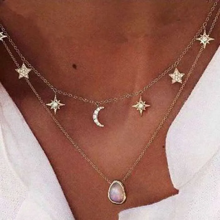 Dainty Rhinestone Multi Stars Crescent Moon Gold Choker