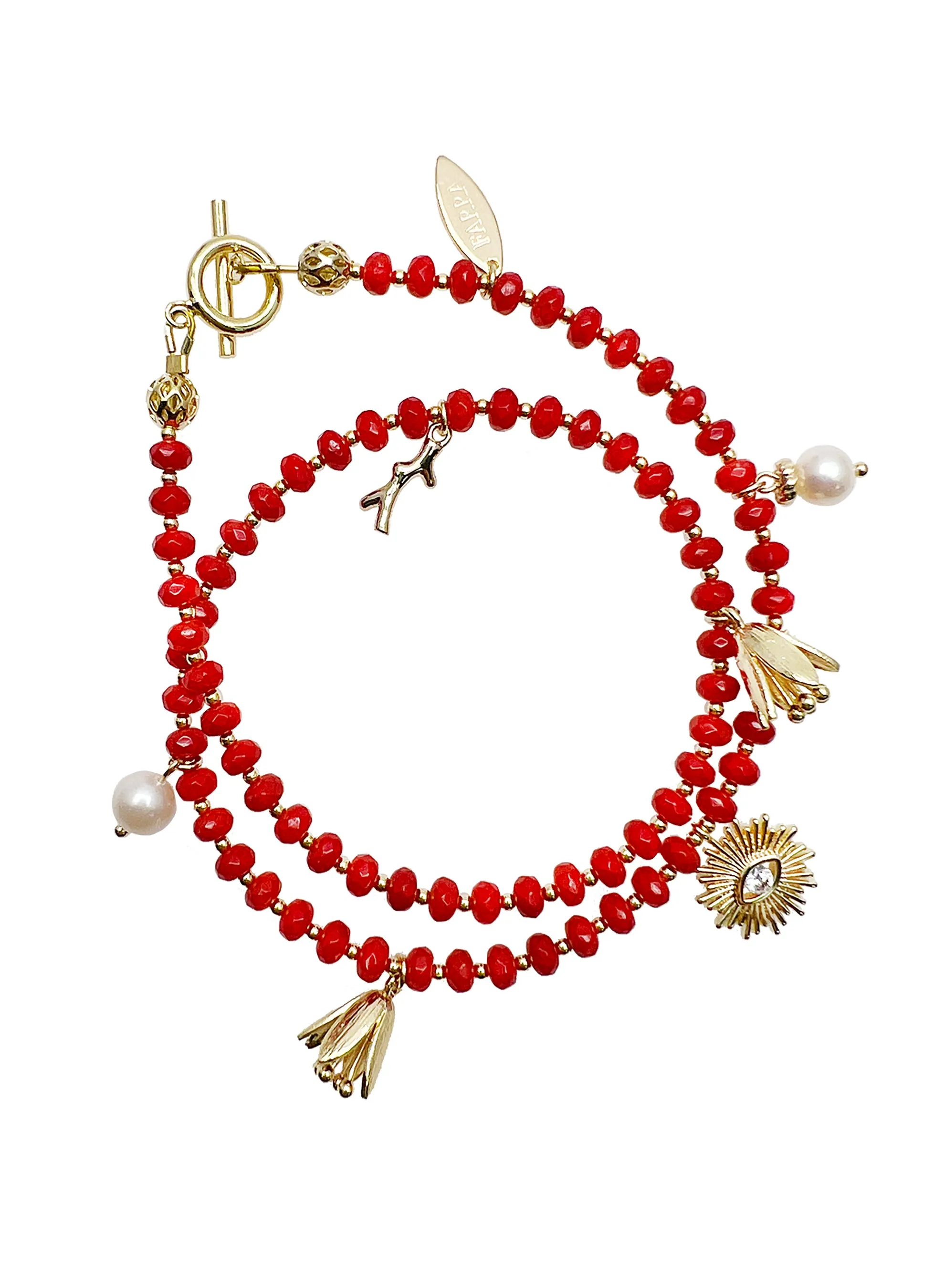 Double Layer Coral with Evil Eye Charm Bracelet/Choker JB001