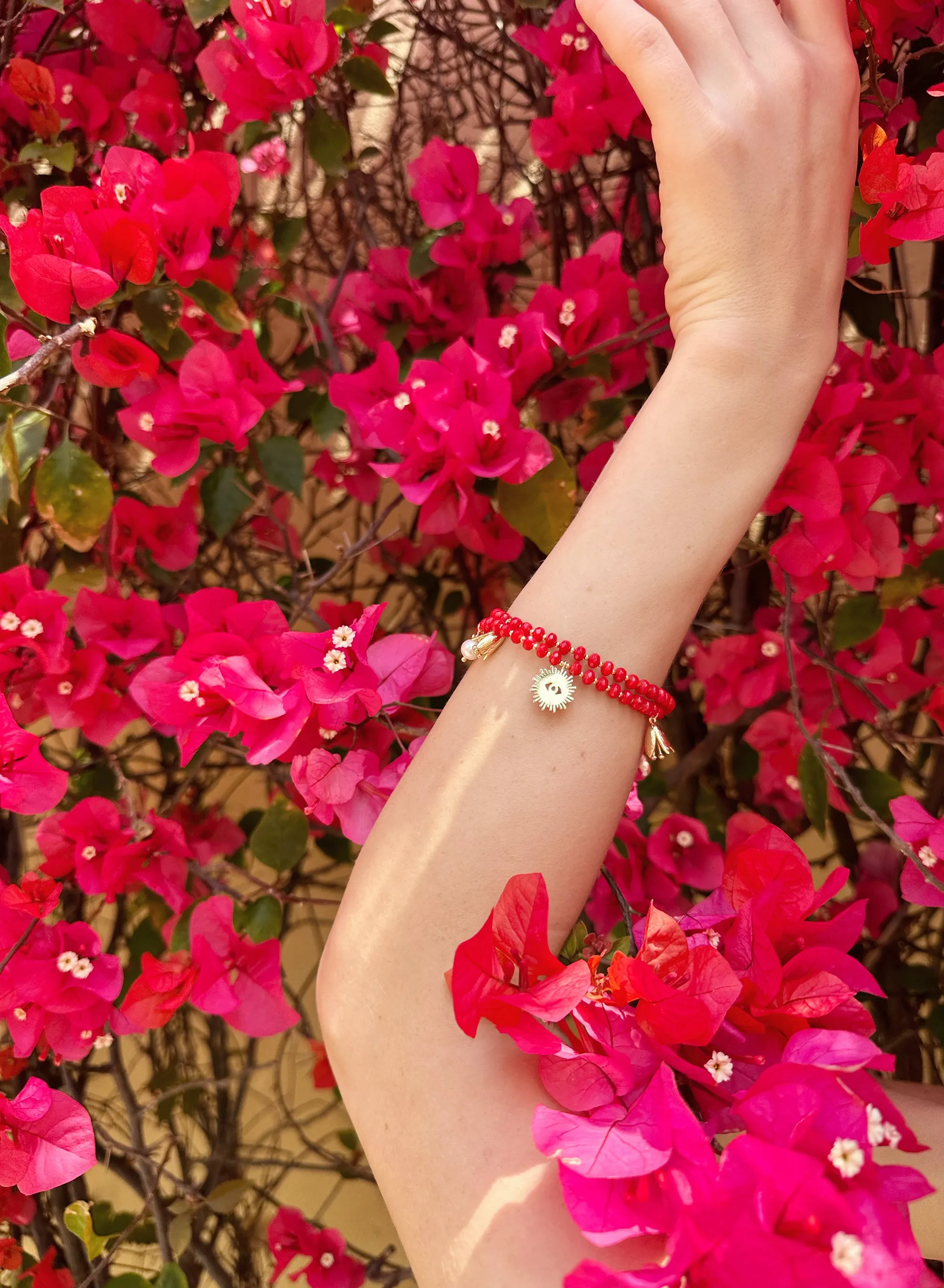 Double Layer Coral with Evil Eye Charm Bracelet/Choker JB001