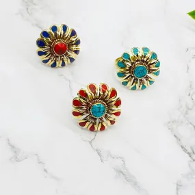 Gold Filled Handmade Rings, Bohemian Jewelry, Flower Design Rings, Gift For Mom, Statement Ring, Bohemian Style, Turquoise/Coral/Lapislazuli