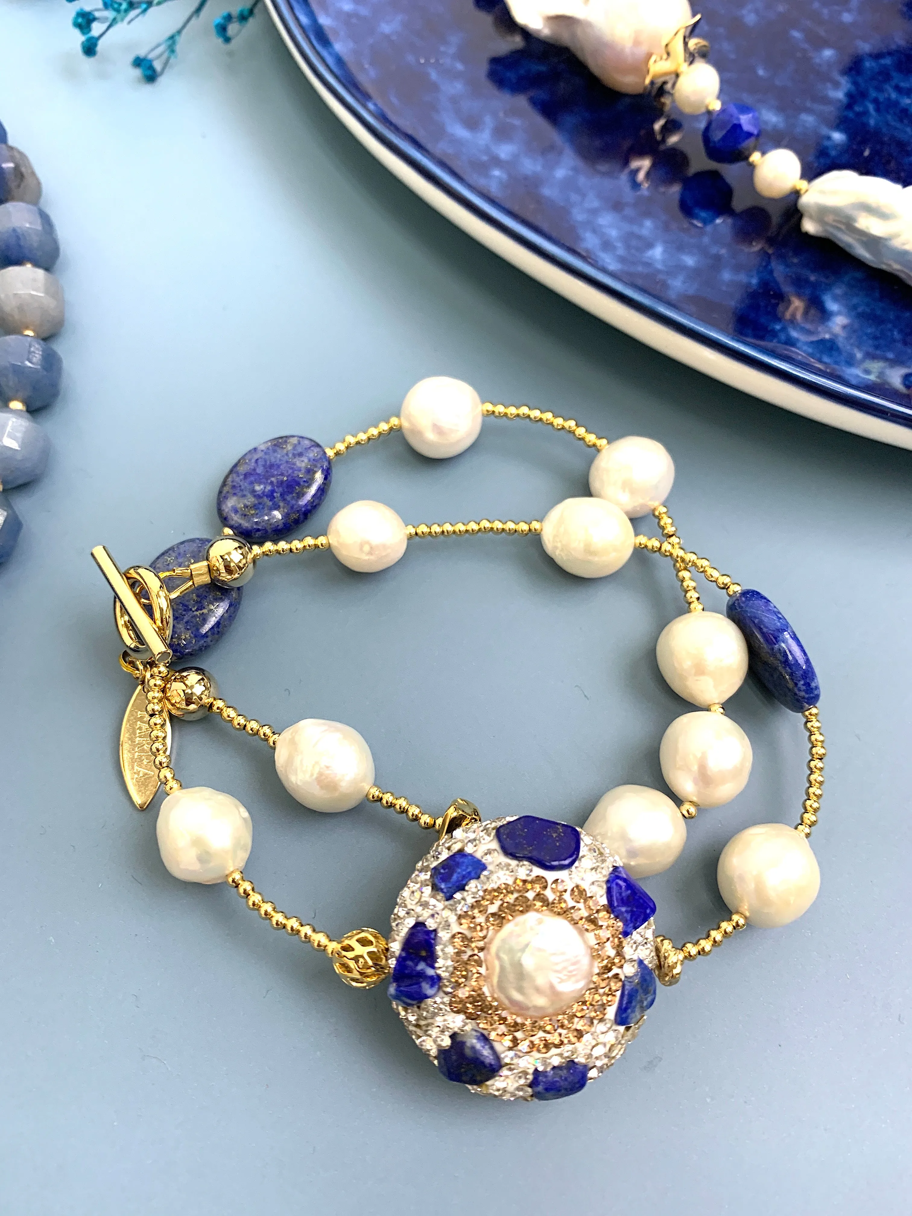 Pearls and Lapis Rhinestone Double Layers Bracelet / Choker GB050