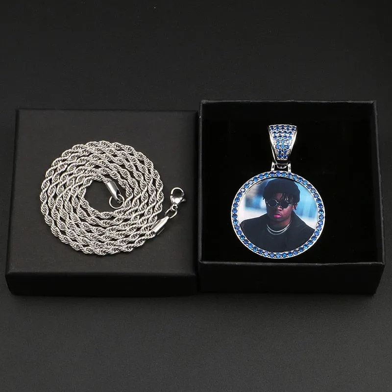 Personalize Blue Crystal Photo Medallion Necklace- Blue Crystal AAA  CZ Diamond Medallion Necklace