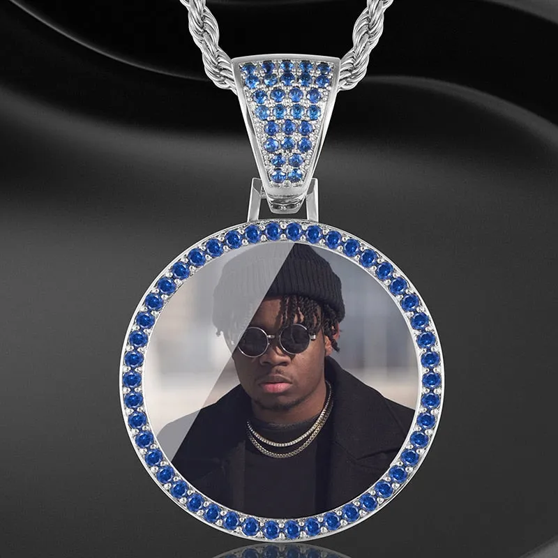 Personalize Blue Crystal Photo Medallion Necklace- Blue Crystal AAA  CZ Diamond Medallion Necklace