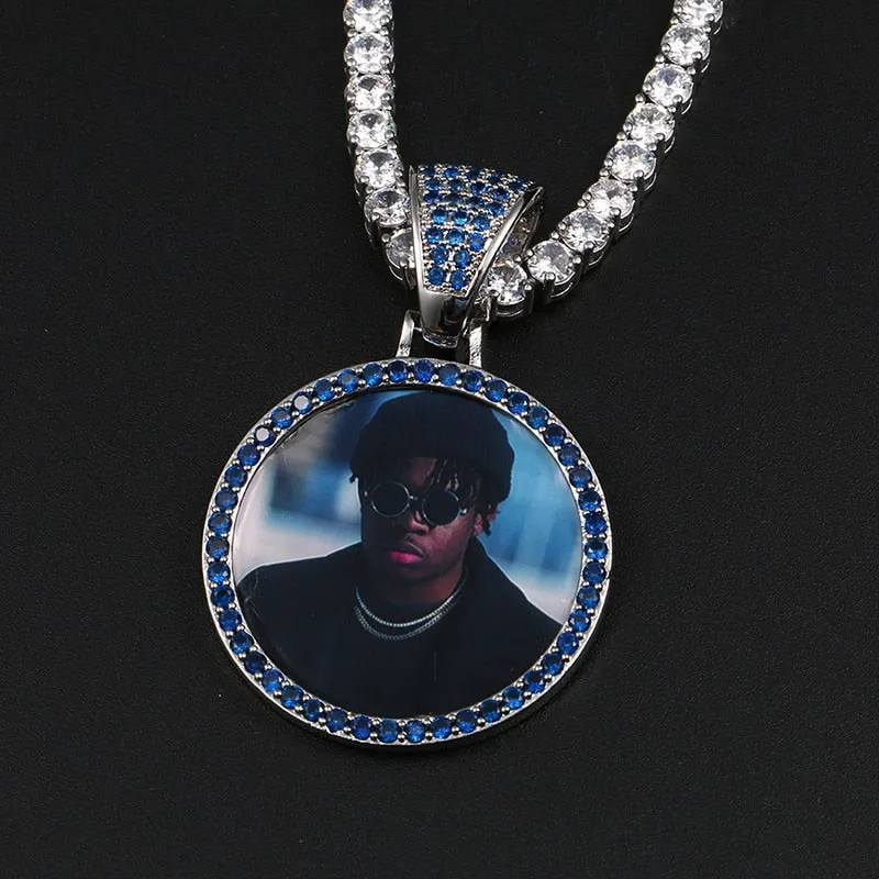 Personalize Blue Crystal Photo Medallion Necklace- Blue Crystal AAA  CZ Diamond Medallion Necklace