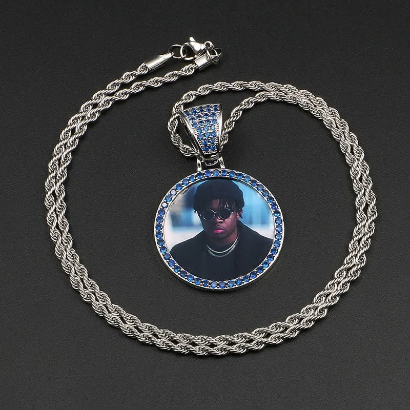 Personalize Blue Crystal Photo Medallion Necklace- Blue Crystal AAA  CZ Diamond Medallion Necklace