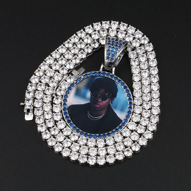 Personalize Blue Crystal Photo Medallion Necklace- Blue Crystal AAA  CZ Diamond Medallion Necklace