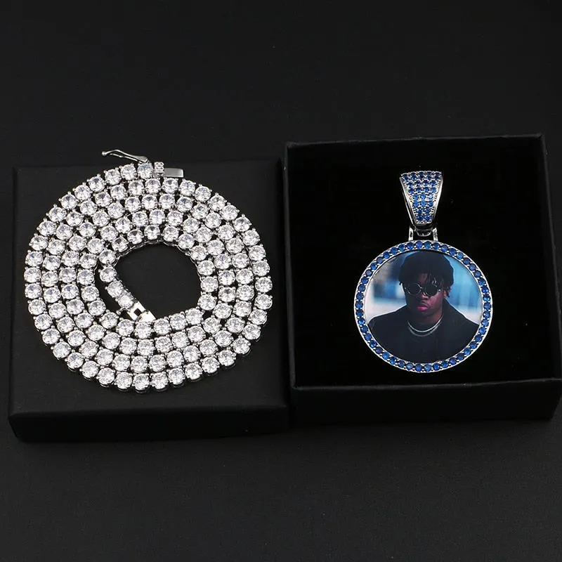 Personalize Blue Crystal Photo Medallion Necklace- Blue Crystal AAA  CZ Diamond Medallion Necklace