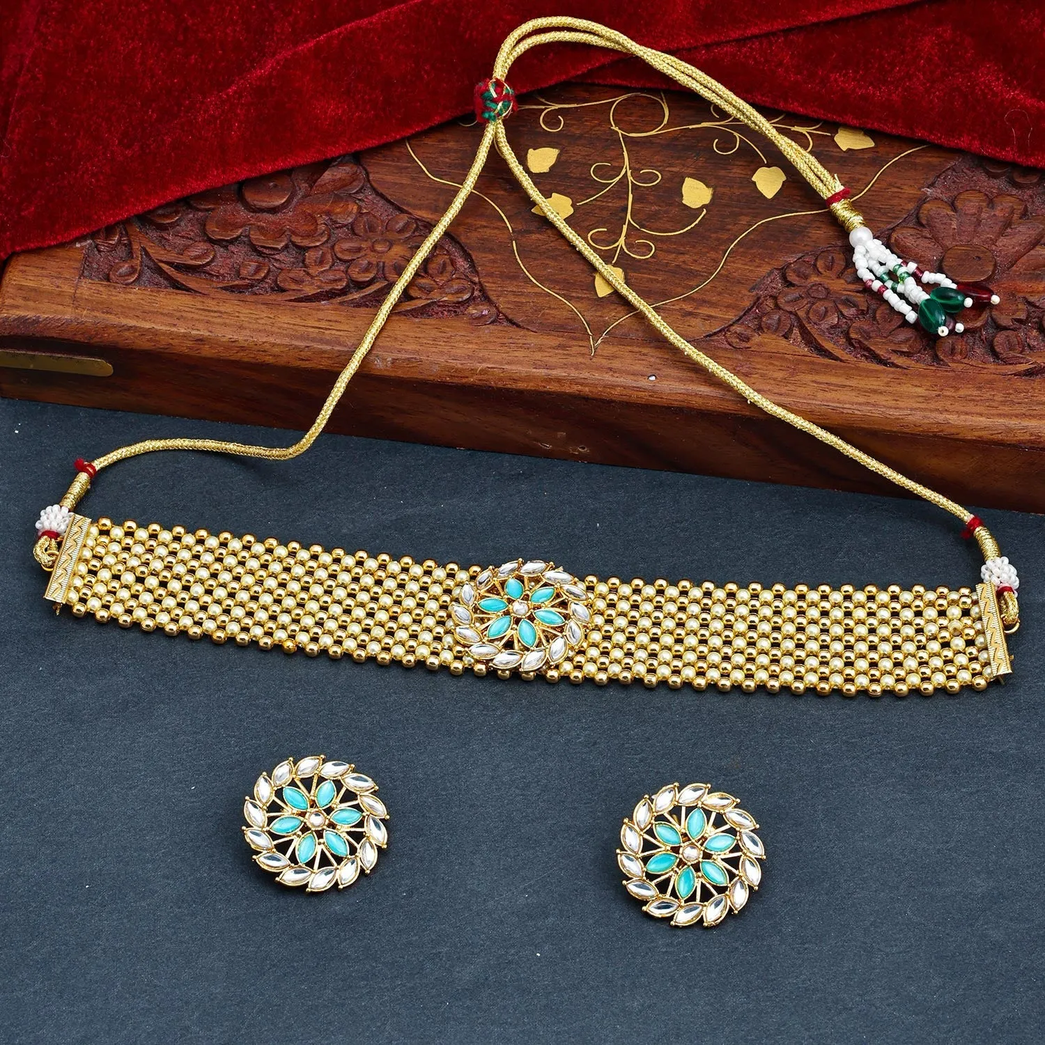 Sukkhi Aqua Gold Plated Kundan & Pearl Choker Necklace Set For Women