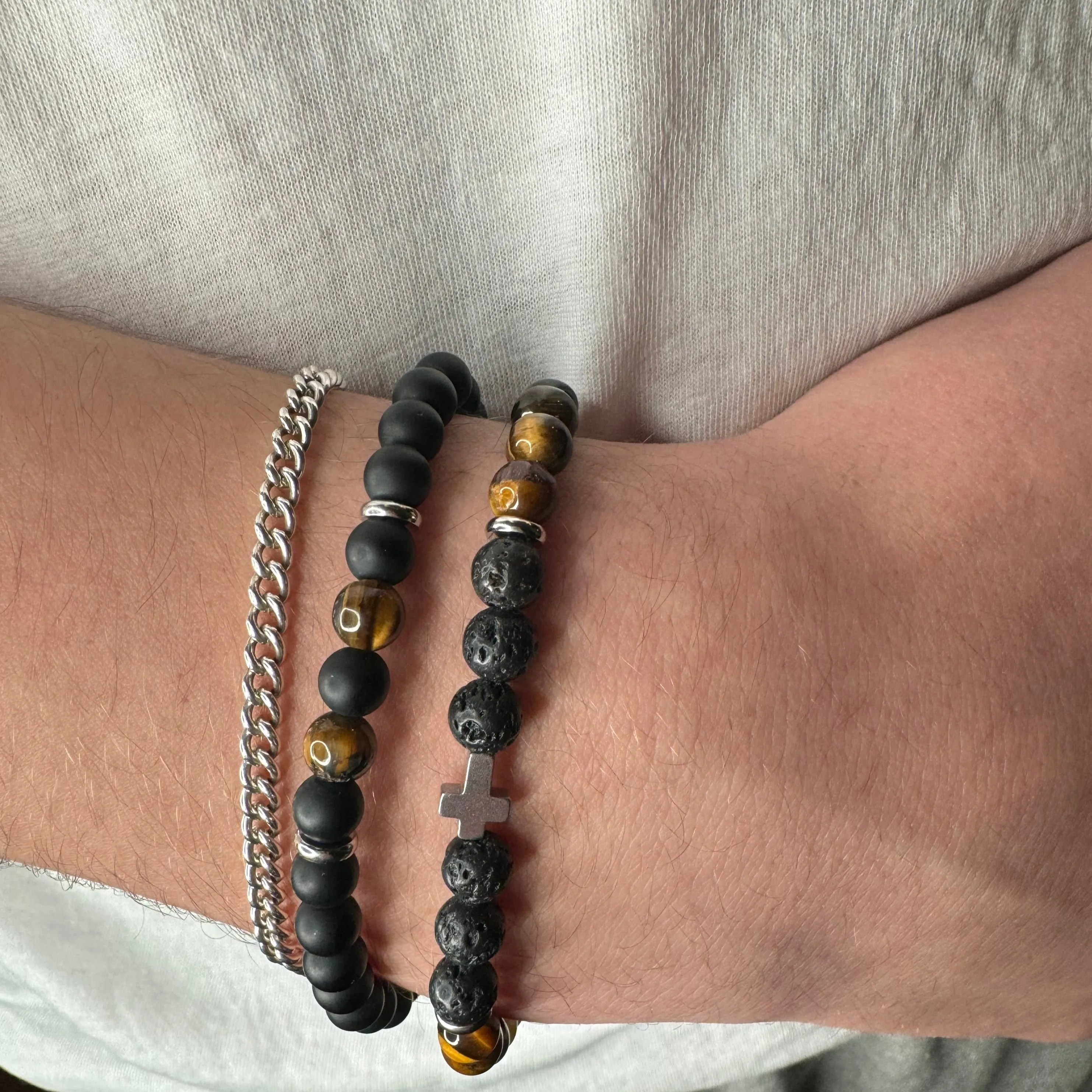 Tiger Eye and Lava Cross Set of Two Bracelets